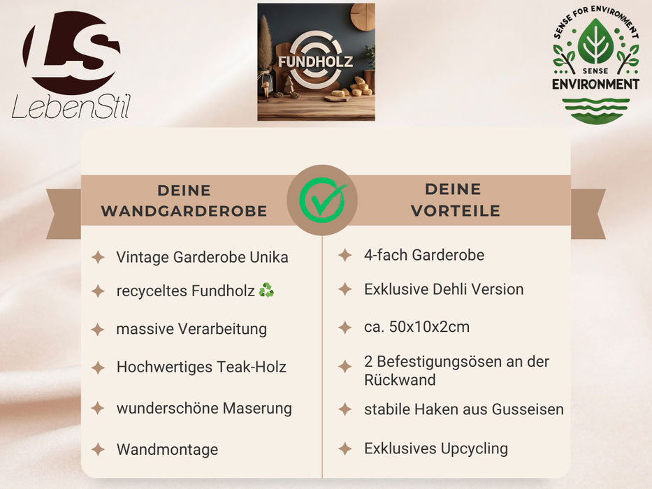 KI-generiertes Bild,Vintage Wandgarderobe Dehli 50cm Teak Holz Braun 4/8 Haken Kleiderhaken