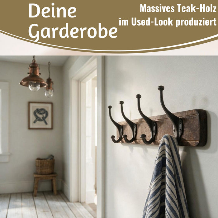 KI-generiertes Bild,Vintage Teak Holz Wandgarderobe 60cm 4/8 Haken Jackenhalter Braun Garderobenleiste