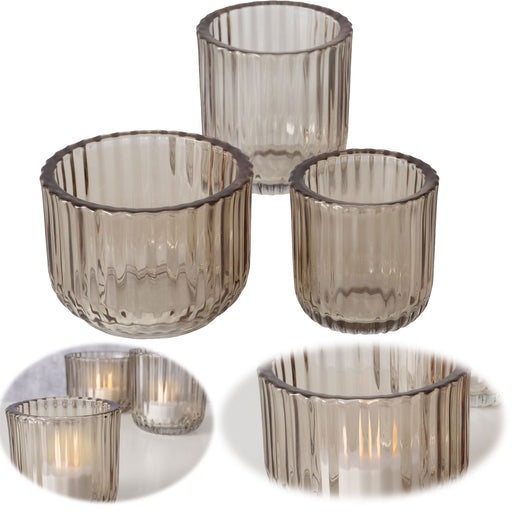 KI-generiertes Bild 3er Set Teelichthalter Glas Retro Beige 7-9cm Teelichtglas Windlicht Kerzenhalter