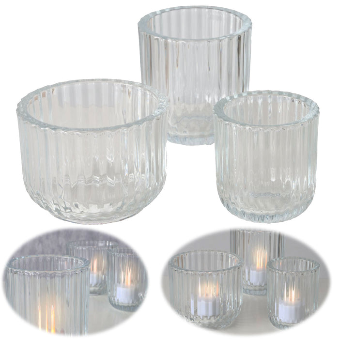 KI-generiertes Bild 3er Set Teelichthalter Glas Retro Klar 7-9cm Teelichtglas Windlicht Kerzenhalter