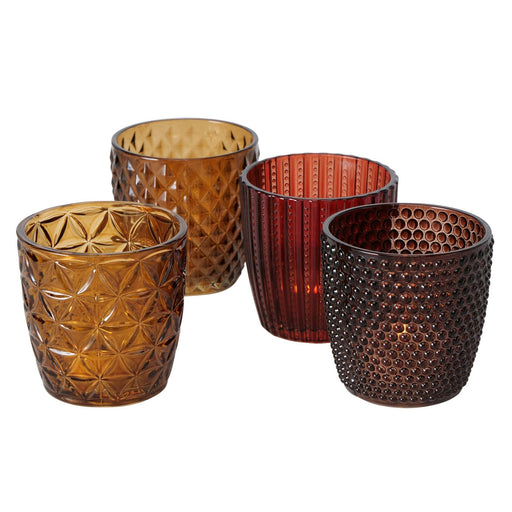 KI-generiertes Bild,4´er Set Glas Teelichthalter Retro Rot-Braun 7cm Teelichtglas Windlicht-Halter