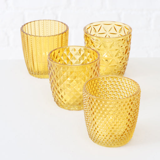 KI-generiertes Bild,4´er Set Glas Teelichthalter Retro Gelb 7cm Teelichtglas Windlicht-Halter