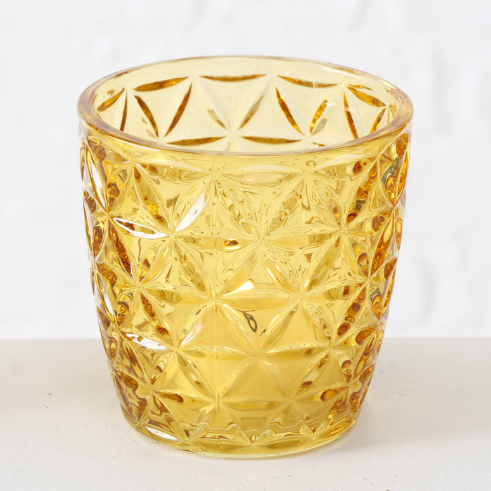 KI-generiertes Bild,4´er Set Glas Teelichthalter Retro Gelb 7cm Teelichtglas Windlicht-Halter