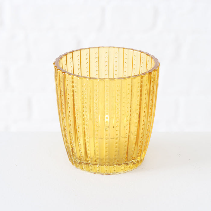 KI-generiertes Bild,4´er Set Glas Teelichthalter Retro Gelb 7cm Teelichtglas Windlicht-Halter