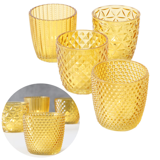 KI-generiertes Bild 4´er Set Glas Teelichthalter Retro Gelb 7cm Teelichtglas Windlicht-Halter