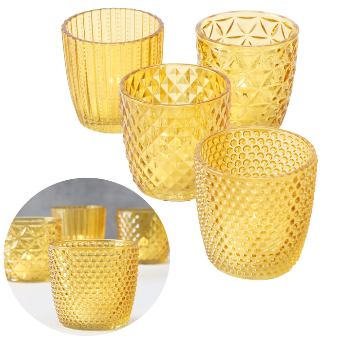 KI-generiertes Bild 4´er Set Glas Teelichthalter Retro Gelb 7cm Teelichtglas Windlicht-Halter