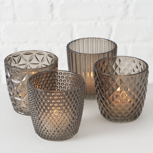 KI-generiertes Bild,4´er Set Glas Teelichthalter Retro Grau 7cm Teelichtglas Windlicht-Halter