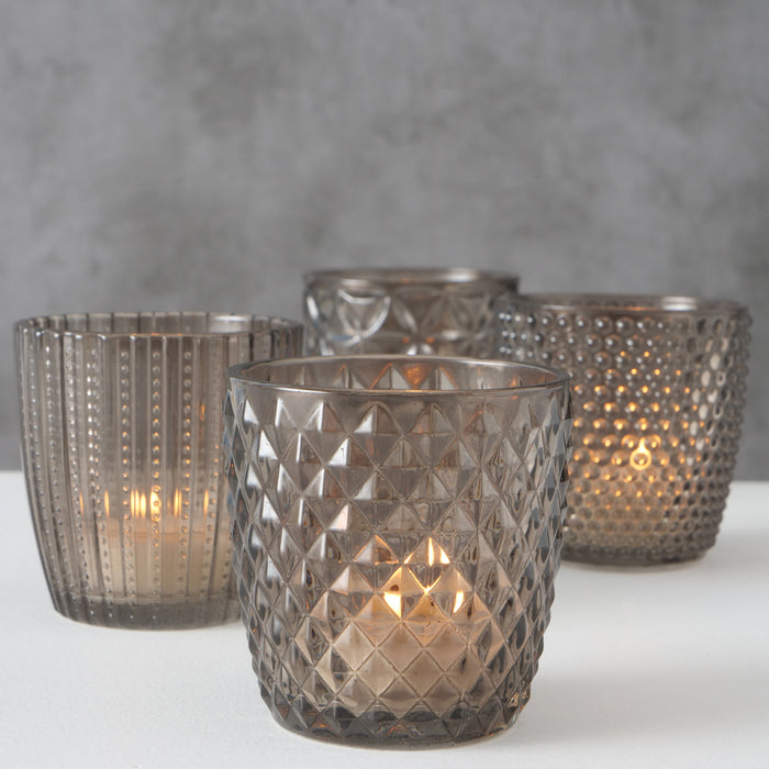 KI-generiertes Bild,4´er Set Glas Teelichthalter Retro Grau 7cm Teelichtglas Windlicht-Halter