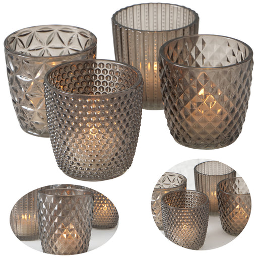 KI-generiertes Bild 4´er Set Glas Teelichthalter Retro Grau 7cm Teelichtglas Windlicht-Halter