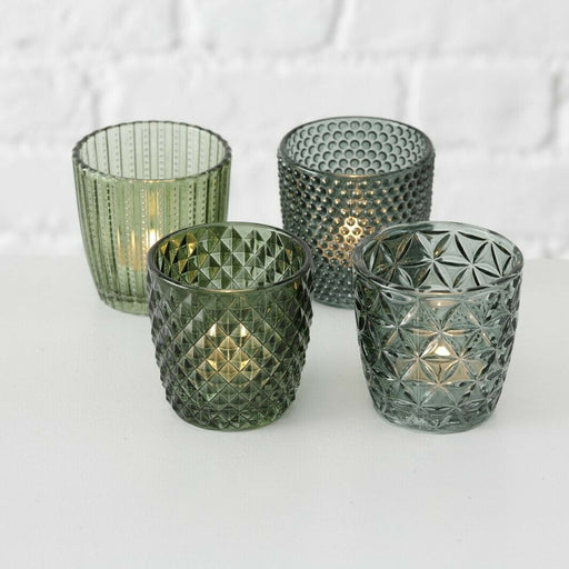 KI-generiertes Bild,4´er Set Glas Teelichthalter Retro Grün 7cm Teelichtglas Windlicht-Halter