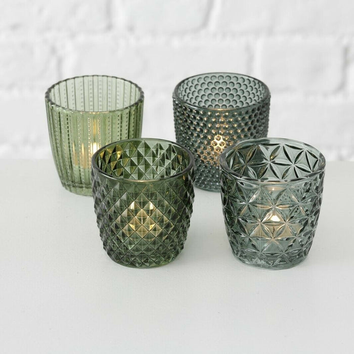 KI-generiertes Bild,4´er Set Glas Teelichthalter Retro Grün 7cm Teelichtglas Windlicht-Halter