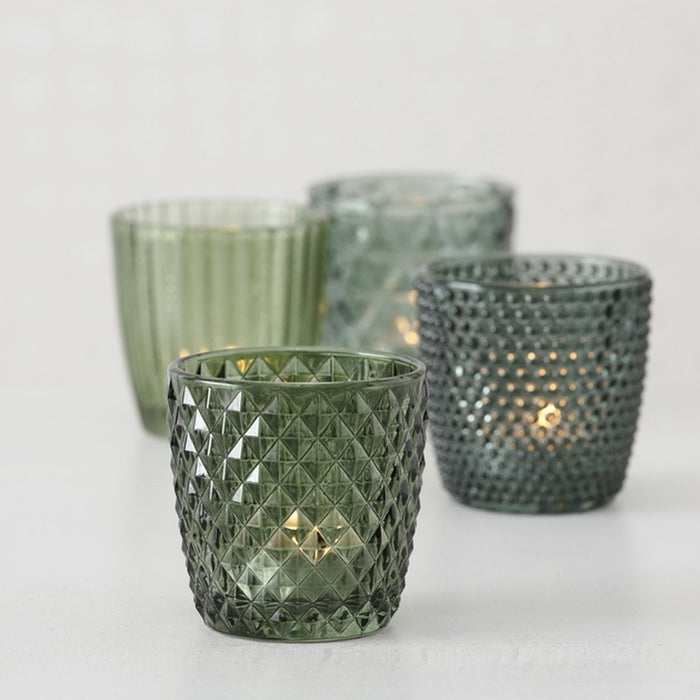 KI-generiertes Bild,4´er Set Glas Teelichthalter Retro Grün 7cm Teelichtglas Windlicht-Halter