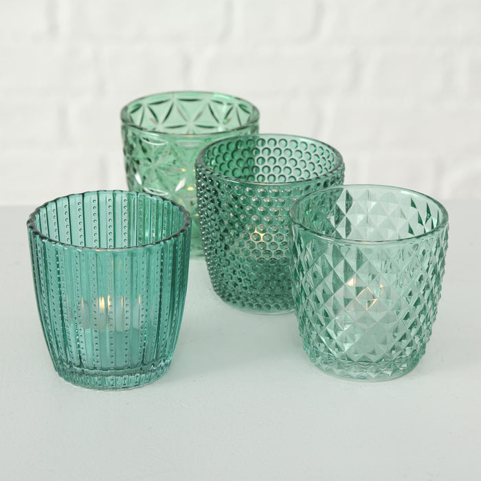 KI-generiertes Bild,4´er Set Glas Teelichthalter Retro Petrol 7cm Teelichtglas Windlicht-Halter