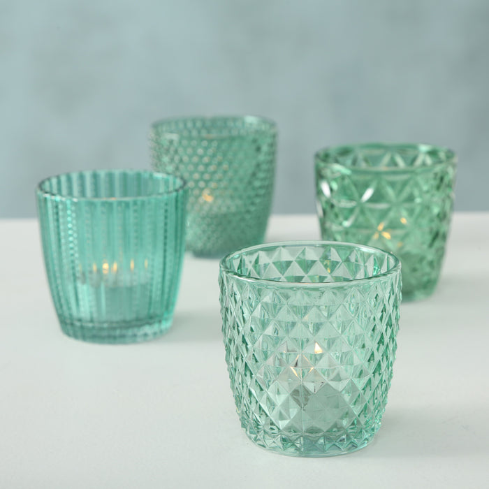 KI-generiertes Bild,4´er Set Glas Teelichthalter Retro Petrol 7cm Teelichtglas Windlicht-Halter