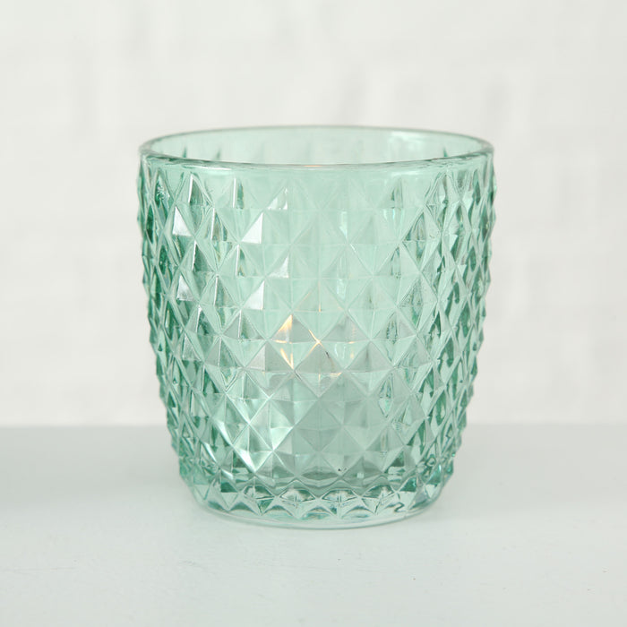 KI-generiertes Bild,4´er Set Glas Teelichthalter Retro Petrol 7cm Teelichtglas Windlicht-Halter