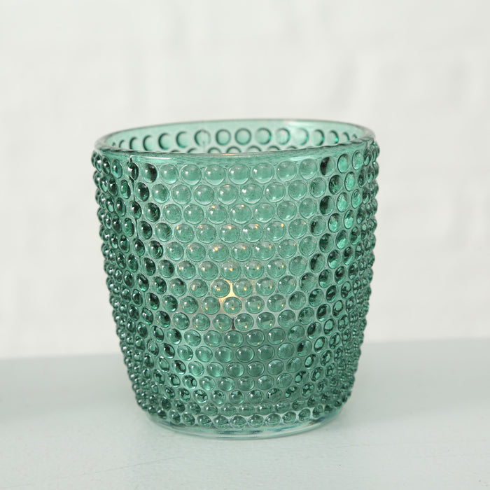 KI-generiertes Bild,4´er Set Glas Teelichthalter Retro Petrol 7cm Teelichtglas Windlicht-Halter