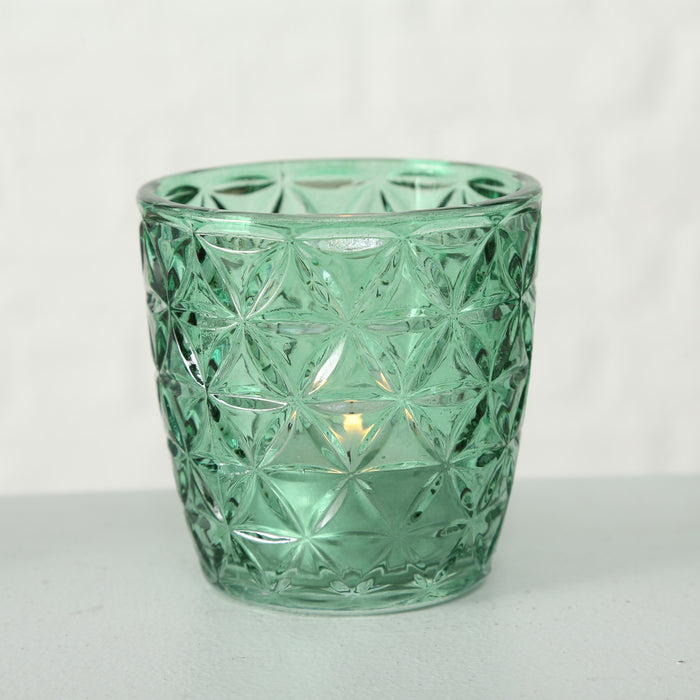 KI-generiertes Bild,4´er Set Glas Teelichthalter Retro Petrol 7cm Teelichtglas Windlicht-Halter