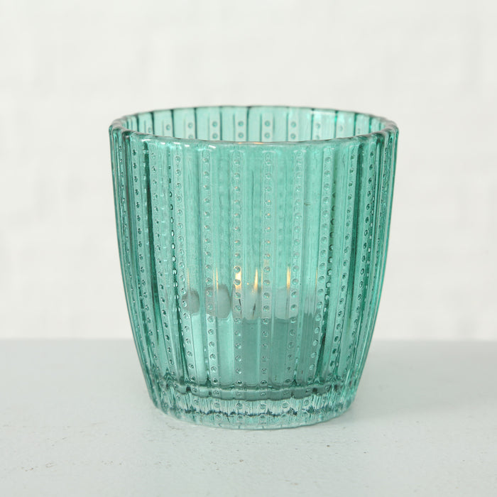 KI-generiertes Bild,4´er Set Glas Teelichthalter Retro Petrol 7cm Teelichtglas Windlicht-Halter