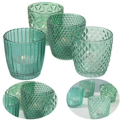 KI-generiertes Bild 4´er Set Glas Teelichthalter Retro Petrol 7cm Teelichtglas Windlicht-Halter