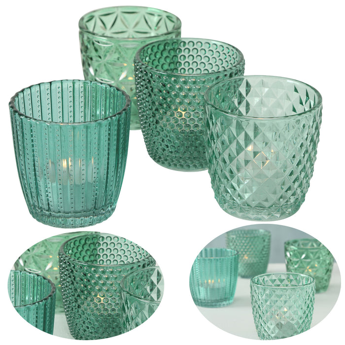 KI-generiertes Bild 4´er Set Glas Teelichthalter Retro Petrol 7cm Teelichtglas Windlicht-Halter