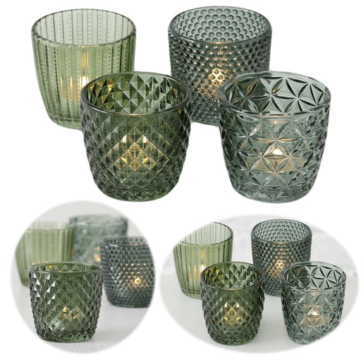 KI-generiertes Bild 4´er Set Glas Teelichthalter Retro Grün 7cm Teelichtglas Windlicht-Halter