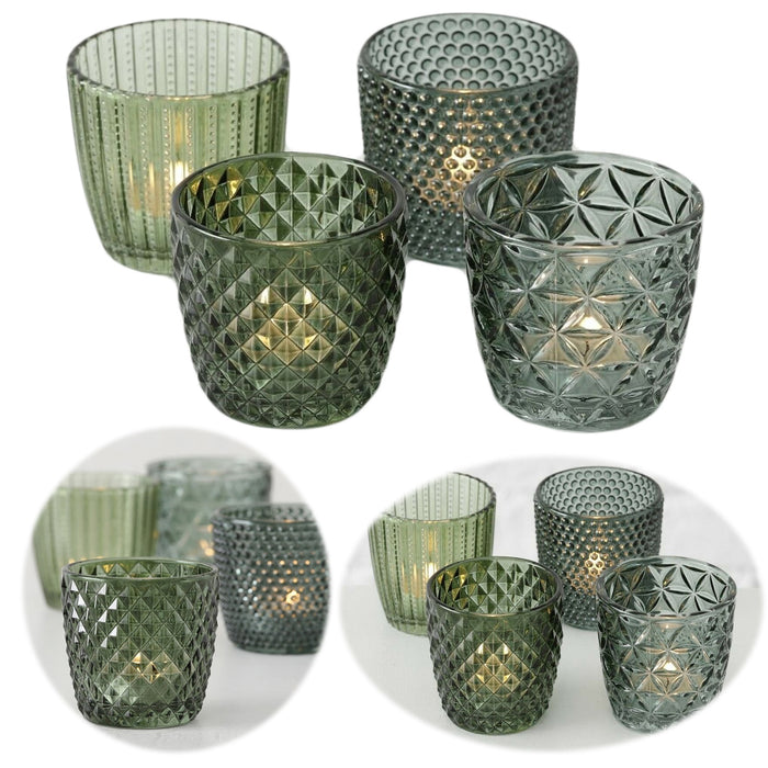KI-generiertes Bild 4´er Set Glas Teelichthalter Retro Grün 7cm Teelichtglas Windlicht-Halter