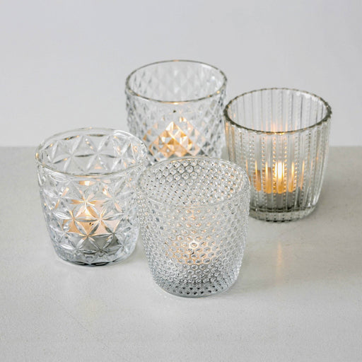 KI-generiertes Bild,4´er Set Glas Teelichthalter Retro Weiß Klar 7cm Teelichtglas Windlicht-Halter