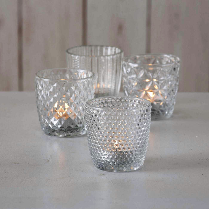 KI-generiertes Bild,4´er Set Glas Teelichthalter Retro Weiß Klar 7cm Teelichtglas Windlicht-Halter