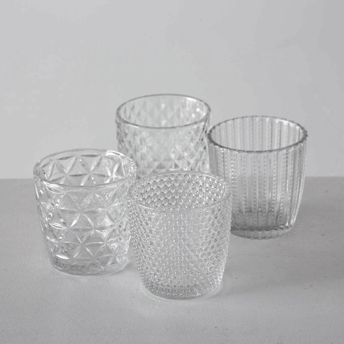 KI-generiertes Bild,4´er Set Glas Teelichthalter Retro Weiß Klar 7cm Teelichtglas Windlicht-Halter