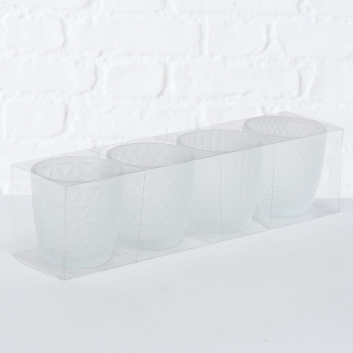 KI-generiertes Bild,4´er Set Glas Teelichthalter Retro Weiß Matt 7cm Teelichtglas Windlicht-Halter