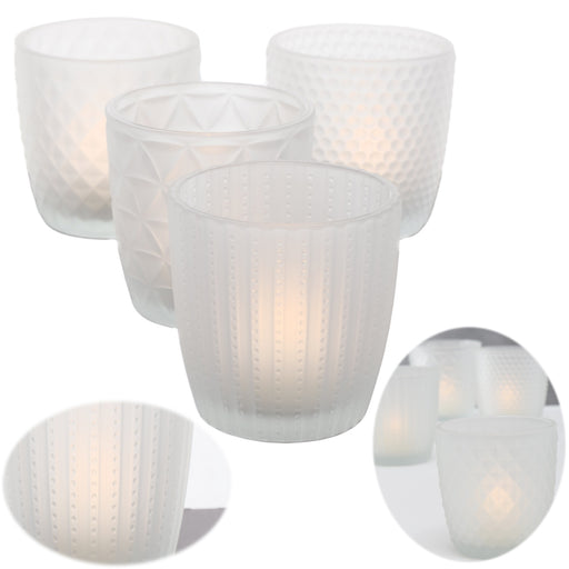KI-generiertes Bild 4´er Set Glas Teelichthalter Retro Weiß Matt 7cm Teelichtglas Windlicht-Halter