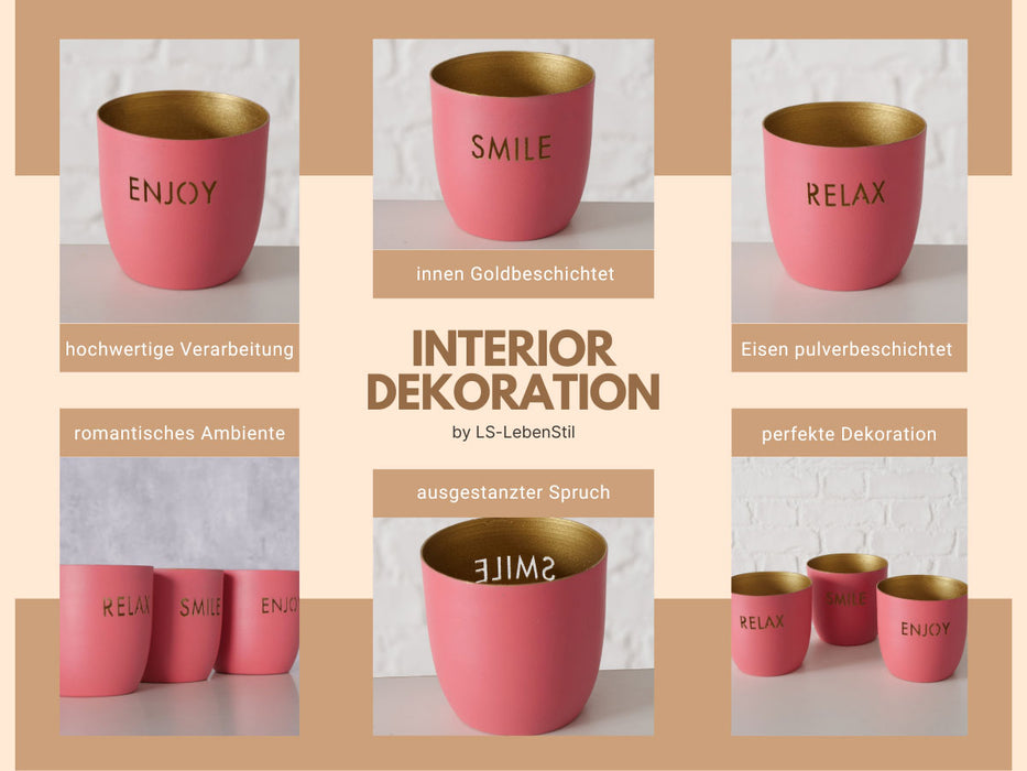 KI-generiertes Bild,3x Metall Teelichthalter Relax Enjoy Smile Rosa Gold 7x7cm Set Windlichthalter