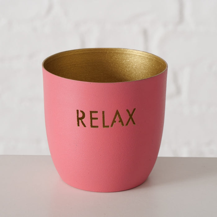 KI-generiertes Bild,3x Metall Teelichthalter Relax Enjoy Smile Rosa Gold 7x7cm Set Windlichthalter