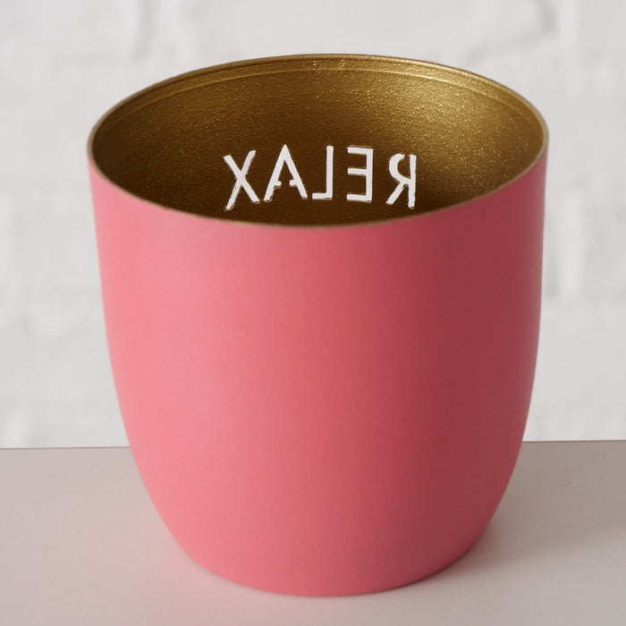 KI-generiertes Bild,3x Metall Teelichthalter Relax Enjoy Smile Rosa Gold 7x7cm Set Windlichthalter