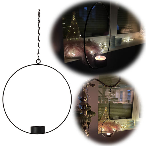 KI-generiertes Bild Metall Teelichthalter Ring 20cm Schwarz Hängend Aufhänger Kette 28cm