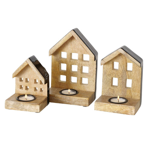 KI-generiertes Bild,Teelichthaus Lichterhaus Nyhavn 3-teiliges Set Holz Braun Schwarz Teelichthalter