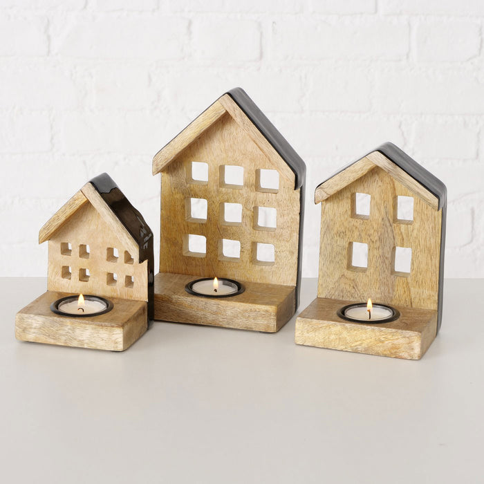 KI-generiertes Bild,Teelichthaus Lichterhaus Nyhavn 3-teiliges Set Holz Braun Schwarz Teelichthalter