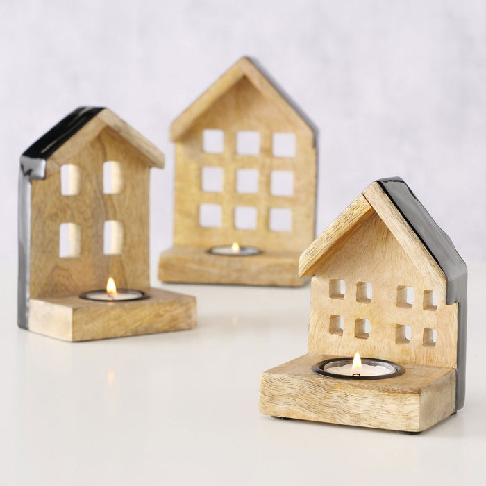 KI-generiertes Bild,Teelichthaus Lichterhaus Nyhavn 3-teiliges Set Holz Braun Schwarz Teelichthalter