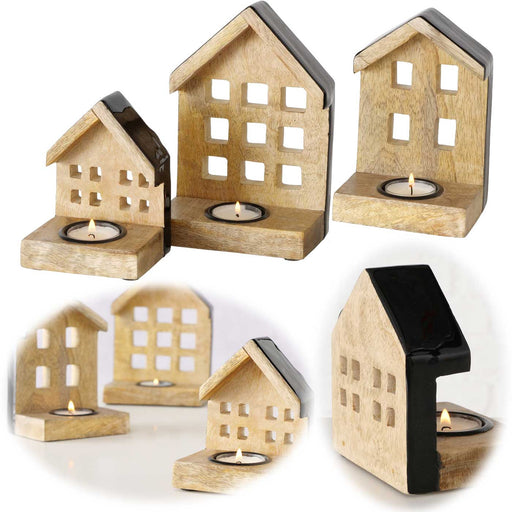 KI-generiertes Bild Teelichthaus Lichterhaus Nyhavn 3-teiliges Set Holz Braun Schwarz Teelichthalter