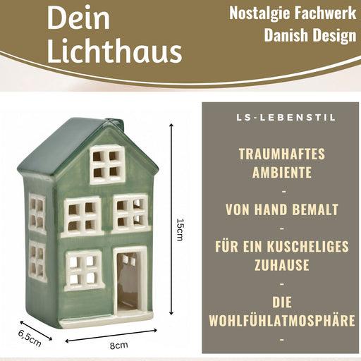 KI-generiertes Bild,Teelichthaus Lichterhaus Nyhavn 15cm Grün Weiß Keramik Fachwerkhaus Teelichthalter