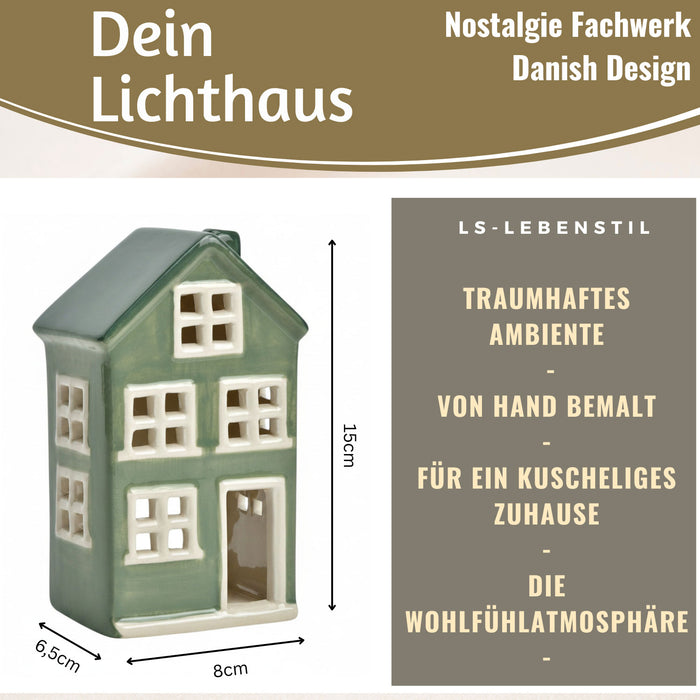 KI-generiertes Bild,Teelichthaus Lichterhaus Nyhavn 15cm Grün Weiß Keramik Fachwerkhaus Teelichthalter