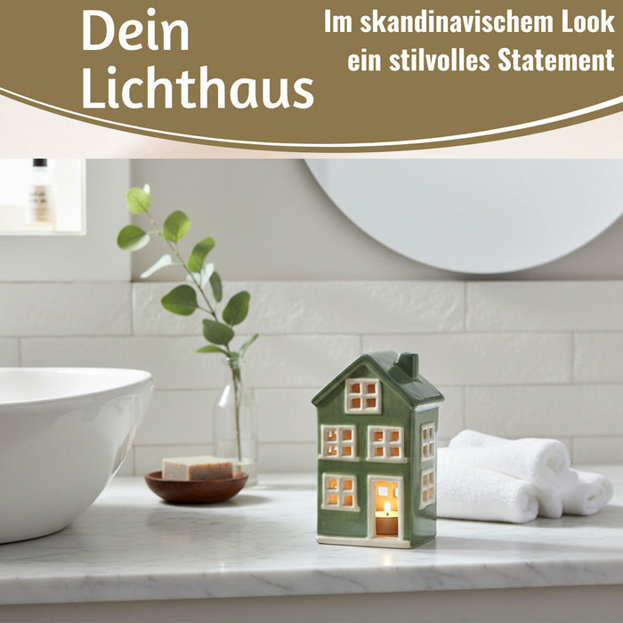 KI-generiertes Bild,Teelichthaus Lichterhaus Nyhavn 15cm Grün Weiß Keramik Fachwerkhaus Teelichthalter