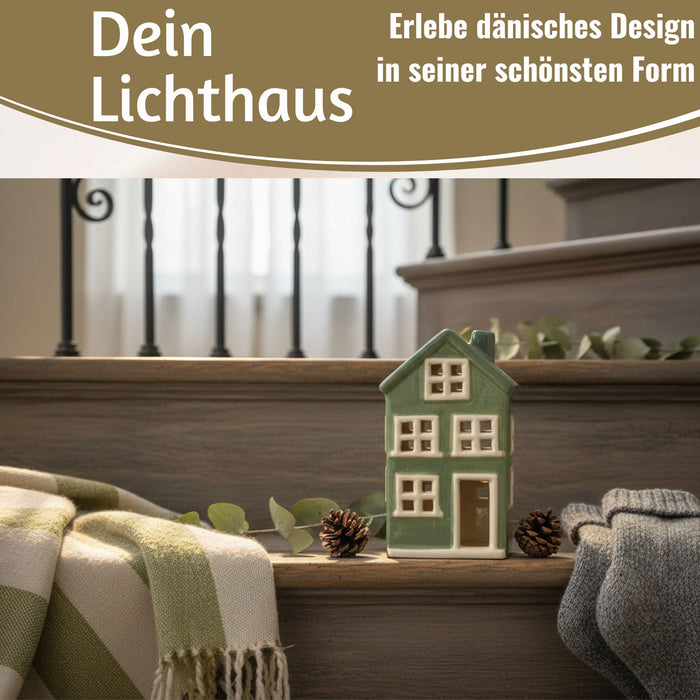 KI-generiertes Bild,Teelichthaus Lichterhaus Nyhavn 15cm Grün Weiß Keramik Fachwerkhaus Teelichthalter