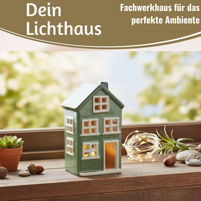 KI-generiertes Bild,Teelichthaus Lichterhaus Nyhavn 15cm Grün Weiß Keramik Fachwerkhaus Teelichthalter