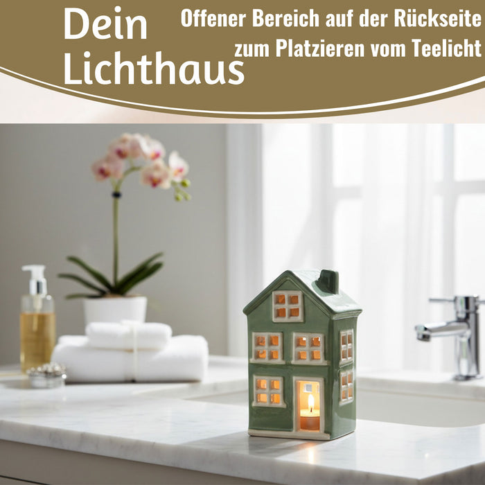 KI-generiertes Bild,Teelichthaus Lichterhaus Nyhavn 15cm Grün Weiß Keramik Fachwerkhaus Teelichthalter