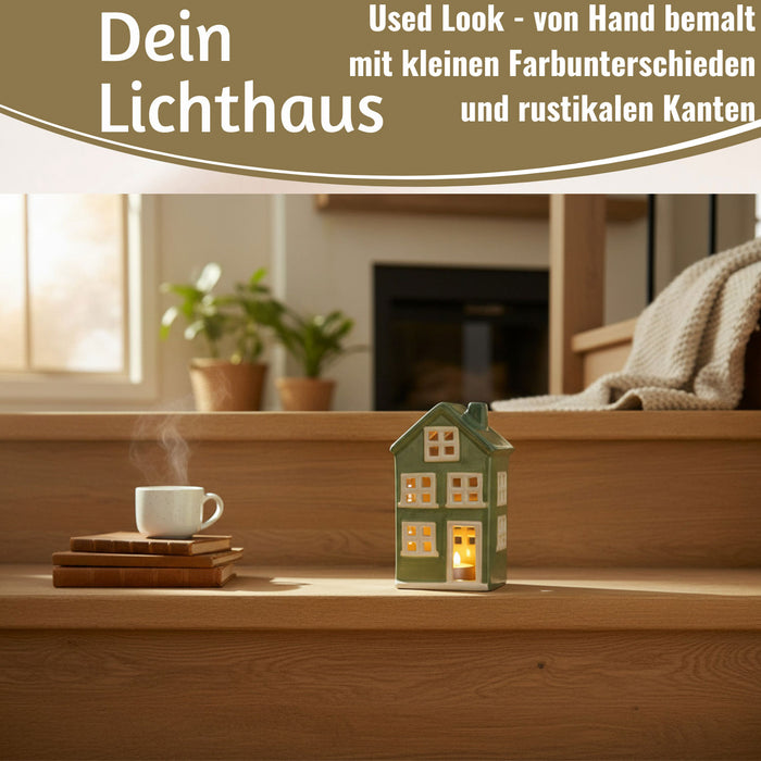 KI-generiertes Bild,Teelichthaus Lichterhaus Nyhavn 15cm Grün Weiß Keramik Fachwerkhaus Teelichthalter