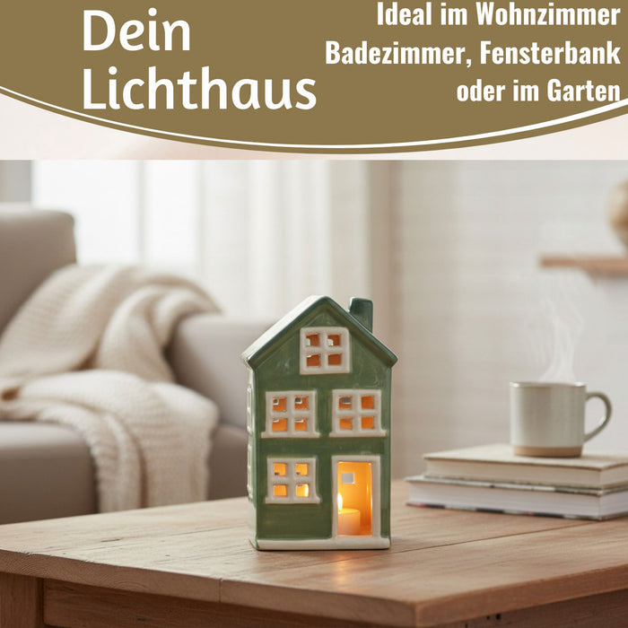 KI-generiertes Bild,Teelichthaus Lichterhaus Nyhavn 15cm Grün Weiß Keramik Fachwerkhaus Teelichthalter