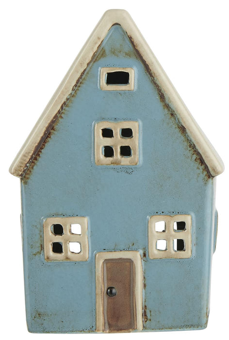 KI-generiertes Bild,Teelichthaus Lichterhaus Nyhavn 14cm Blau Keramik Fachwerkhaus Teelichthalter
