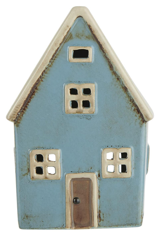 KI-generiertes Bild,Teelichthaus Lichterhaus Nyhavn 14cm Blau Keramik Fachwerkhaus Teelichthalter