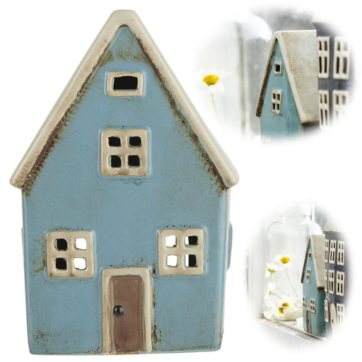 KI-generiertes Bild Teelichthaus Lichterhaus Nyhavn 14cm Blau Keramik Fachwerkhaus Teelichthalter